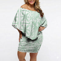 Pastel Green Kahili Quilt Hawaii Off Shoulder Short Dress Tropical Flower Seamless Half Style LT14 Women Green - Polynesian Pride