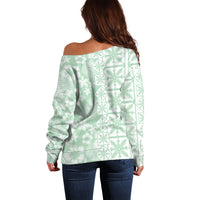 Pastel Green Kahili Quilt Hawaii Off Shoulder Sweater Tropical Flower Seamless Half Style