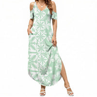 Pastel Green Kahili Quilt Hawaii Summer Maxi Dress Tropical Flower Seamless Half Style LT14 Women Green - Polynesian Pride