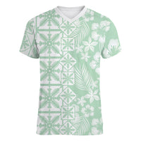 Pastel Green Kahili Quilt Hawaii Women V-Neck T-Shirt Tropical Flower Seamless Half Style