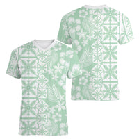 Pastel Green Kahili Quilt Hawaii Women V-Neck T-Shirt Tropical Flower Seamless Half Style
