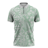Pastel Green Kahili Quilt Hawaii Zipper Polo Shirt Tropical Flower Seamless Half Style LT14 Green - Polynesian Pride