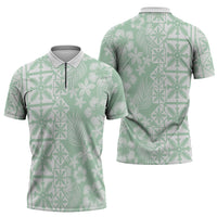 Pastel Green Kahili Quilt Hawaii Zipper Polo Shirt Tropical Flower Seamless Half Style