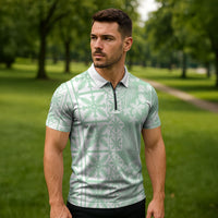 Pastel Green Kahili Quilt Hawaii Zipper Polo Shirt Tropical Flower Seamless Half Style LT14 - Polynesian Pride