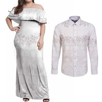 Tokelau White Sunday Couples Matching Off Shoulder Maxi Dress and Long Sleeve Button Shirt Polynesian Pattern Gardenia Thunbergia LT14 White - Polynesian Pride