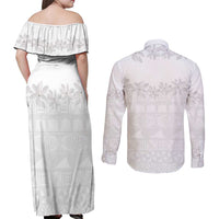 Tokelau White Sunday Couples Matching Off Shoulder Maxi Dress and Long Sleeve Button Shirt Polynesian Pattern Gardenia Thunbergia LT14 - Polynesian Pride