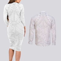 American Samoa White Sunday Couples Matching Long Sleeve Bodycon Dress and Long Sleeve Button Shirt Lotu Tamaiti Plumeria With Samoan Pattern