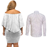 American Samoa White Sunday Couples Matching Off Shoulder Short Dress and Long Sleeve Button Shirt Lotu Tamaiti Plumeria With Samoan Pattern