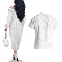 American Samoa White Sunday Couples Matching Off The Shoulder Long Sleeve Dress and Hawaiian Shirt Lotu Tamaiti Plumeria With Samoan Pattern