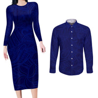 Blue Polynesia Couples Matching Long Sleeve Bodycon Dress and Long Sleeve Button Shirt Polynesian Pattern Mix Plumeria