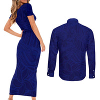 Blue Polynesia Couples Matching Short Sleeve Bodycon Dress and Long Sleeve Button Shirt Polynesian Pattern Mix Plumeria