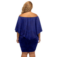 Blue Polynesia Off Shoulder Short Dress Polynesian Pattern Mix Plumeria