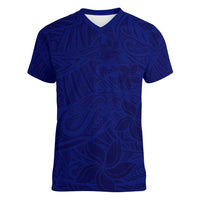 Blue Polynesia Women V-Neck T-Shirt Polynesian Pattern Mix Plumeria