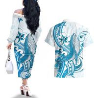 Blue Hawaii Humpback Whale Couples Matching Off The Shoulder Long Sleeve Dress and Hawaiian Shirt Polynesian Tribal Ocean Vibes