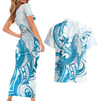 Blue Hawaii Humpback Whale Couples Matching Short Sleeve Bodycon Dress and Hawaiian Shirt Polynesian Tribal Ocean Vibes