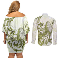 Lime Green Hawaii Couples Matching Off Shoulder Short Dress and Long Sleeve Button Shirt Humpback Whale Tattoo Polynesian Tribal Ocean Vibes