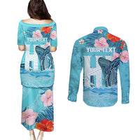 Personalised Hawaii Couples Matching Puletasi and Long Sleeve Button Shirt Humpback Whale Tattoo With Tropical Flowers LT14 - Polynesian Pride