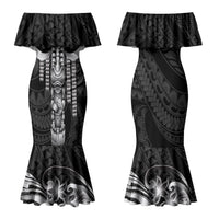 Tiki Drum Hawaii Couples Matching Mermaid Dress and Long Sleeve Button Shirt Hawaiian Kakau Tattoo Style