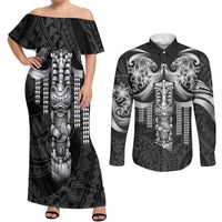 Tiki Drum Hawaii Couples Matching Off Shoulder Maxi Dress and Long Sleeve Button Shirt Hawaiian Kakau Tattoo Style