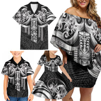 Tiki Drum Hawaii Family Matching Off Shoulder Short Dress and Hawaiian Shirt Hawaiian Kakau Tattoo Style