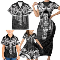 Tiki Drum Hawaii Family Matching Short Sleeve Bodycon Dress and Hawaiian Shirt Hawaiian Kakau Tattoo Style