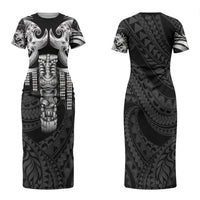 Tiki Drum Hawaii Family Matching Short Sleeve Bodycon Dress and Hawaiian Shirt Hawaiian Kakau Tattoo Style