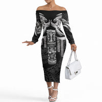 Tiki Drum Hawaii Off The Shoulder Long Sleeve Dress Hawaiian Kakau Tattoo Style