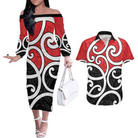 New Zealand Couples Matching Off The Shoulder Long Sleeve Dress and Hawaiian Shirt Maori Koru Tino Rangatiratanga Color - Polynesian Pride