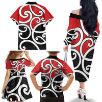 New Zealand Family Matching Off The Shoulder Long Sleeve Dress and Hawaiian Shirt Maori Koru Tino Rangatiratanga Color - Polynesian Pride