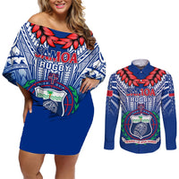 Samoa Rugby Couples Matching Off Shoulder Short Dress and Long Sleeve Button Shirts 2023 Go Manu Samoa With Ula Fala Style LT14 Blue - Polynesian Pride