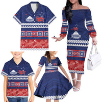 Personalised FAST Samoa Siapo Family Matching Off The Shoulder Long Sleeve Dress and Hawaiian Shirt Teuila Flowers Samoan Pattern - Polynesian Pride