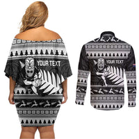 New Zealand Christmas Rugby Personalised Couples Matching Off Shoulder Short Dress and Long Sleeve Button Shirt Meri Kirihimete All Black Maori - Polynesian Pride