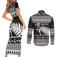 New Zealand Christmas Rugby Personalised Couples Matching Short Sleeve Bodycon Dress and Long Sleeve Button Shirt Meri Kirihimete All Black Maori - Polynesian Pride