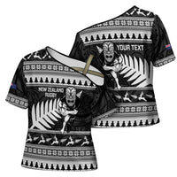 New Zealand Christmas Rugby Personalised Cross Shoulder Shirt Meri Kirihimete All Black Maori - Polynesian Pride