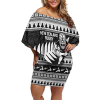 New Zealand Christmas Rugby Personalised Off Shoulder Short Dress Meri Kirihimete All Black Maori - Polynesian Pride