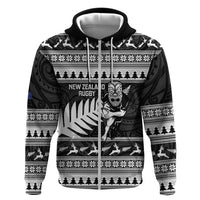 New Zealand Christmas Rugby Personalised Zip Hoodie Meri Kirihimete All Black Maori - Polynesian Pride