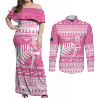 New Zealand Christmas Rugby Personalised Couples Matching Off Shoulder Maxi Dress and Long Sleeve Button Shirt Meri Kirihimete All Black Maori Pink Version - Polynesian Pride