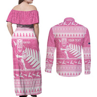 New Zealand Christmas Rugby Personalised Couples Matching Off Shoulder Maxi Dress and Long Sleeve Button Shirt Meri Kirihimete All Black Maori Pink Version - Polynesian Pride