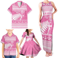 New Zealand Christmas Rugby Personalised Family Matching Tank Maxi Dress and Hawaiian Shirt Meri Kirihimete All Black Maori Pink Version - Polynesian Pride