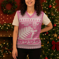 New Zealand Christmas Rugby Personalised Christmas Knitted V-Neck Vest Meri Kirihimete All Black Maori Pink Version - Polynesian Pride