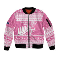 New Zealand Christmas Rugby Personalised Sleeve Zip Bomber Jacket Meri Kirihimete All Black Maori Pink Version - Polynesian Pride