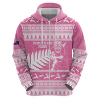New Zealand Christmas Rugby Personalised Zip Hoodie Meri Kirihimete All Black Maori Pink Version - Polynesian Pride
