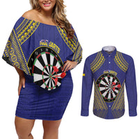 Personalised Niue Darts Couples Matching Off Shoulder Short Dress and Long Sleeve Button Shirt Dart Board Hiapo Pattern - Polynesian Pride
