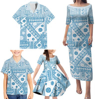 Blue Bula Fiji Family Matching Puletasi and Hawaiian Shirt Unique Masi Tapa Pattern