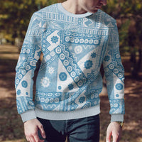 Blue Bula Fiji Ugly Christmas Sweater Unique Masi Tapa Pattern