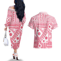 Pink Bula Fiji Couples Matching Off The Shoulder Long Sleeve Dress and Hawaiian Shirt Unique Masi Tapa Pattern