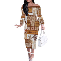 Hawaiian Quilt Family Matching Off Shoulder Long Sleeve Dress and Hawaiian Shirt Tiki Tropical Retro Brown Version LT14 Mom's Dress Brown - Polynesian Pride