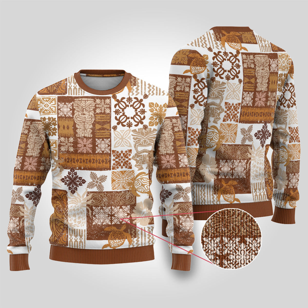 Hawaiian Quilt Ugly Christmas Sweater Tiki Tropical Retro Brown Version LT14 Brown - Polynesian Pride