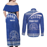 Personalised Tonga Tupou College Toloa Couples Matching Off Shoulder Maxi Dress and Long Sleeve Button Shirt 160 Years Anniversary Tongan Ngatu Pattern