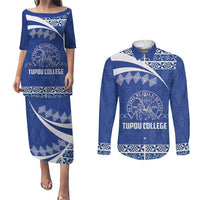 Personalised Tonga Tupou College Toloa Couples Matching Puletasi and Long Sleeve Button Shirt 160 Years Anniversary Tongan Ngatu Pattern